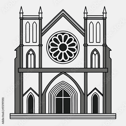 Illustration of a gothic cathedral facade with rose window and towers