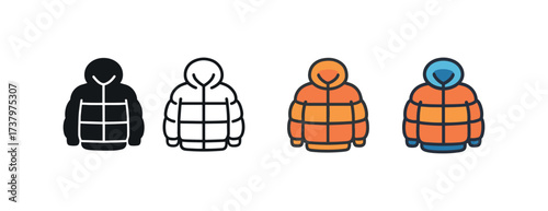 Vector icon puffy winter jacket four styles black solid glyph outline minimal flat multicolor filled cartoon flat shaded.