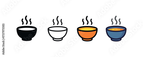 Vector icon hot soup bowl four styles black solid glyph outline minimal flat multicolor filled cartoon flat shaded.