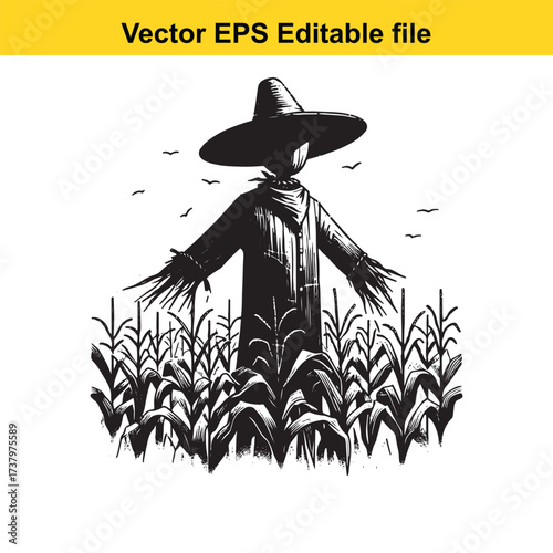 Vector art of scarecrow in a cornfield