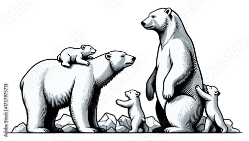 Polar bear family with cubs