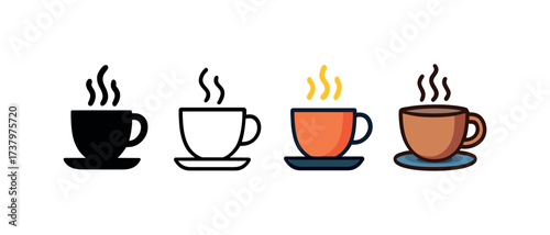 Vector icon steaming tea cup four styles black solid glyph outline minimal flat multicolor filled cartoon flat shaded.