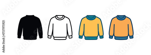 Vector icon wool sweater four styles black solid glyph outline minimal flat multicolor filled cartoon flat shaded.