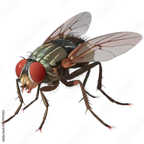 Detailed illustration of a housefly with red eyes and translucent wings vector illustration