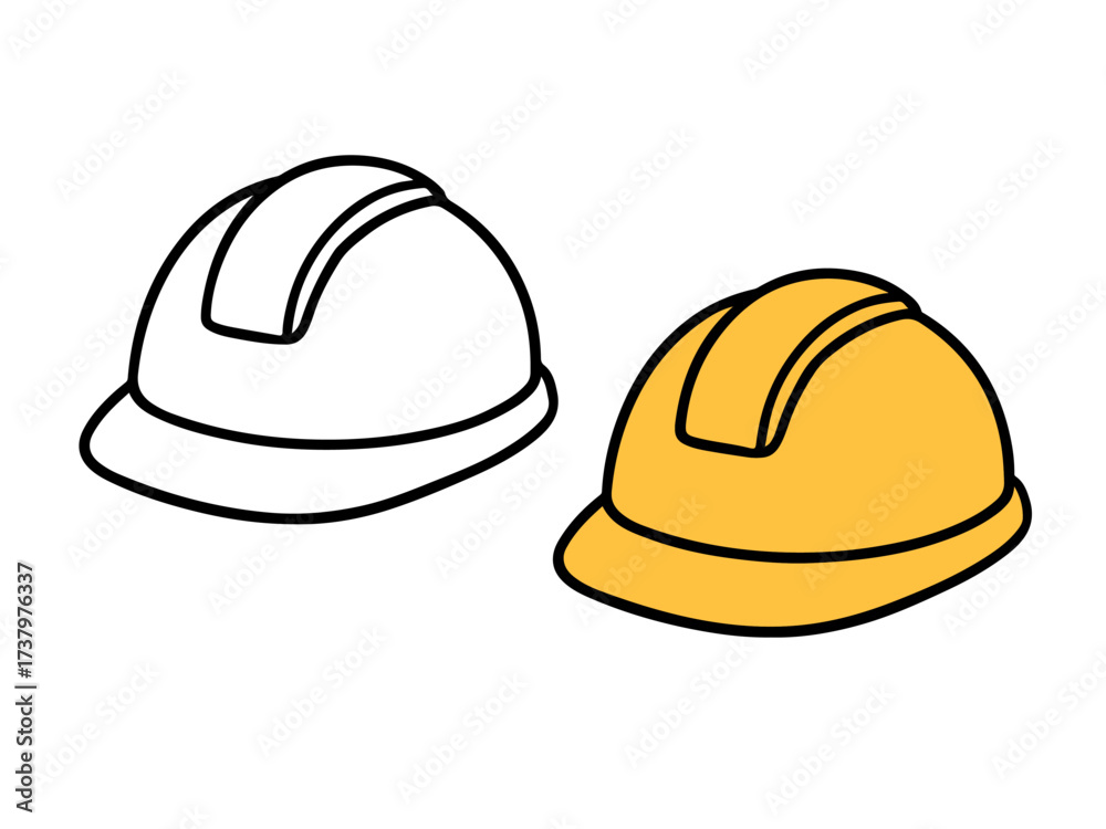Fototapeta premium Vector illustration featuring a construction safety hard hat in two versions: a colored yellow version and a black line outline. Simple worker protection icon for site or industrial design.