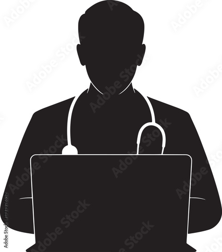 Doctor Telemedicine Laptop Black Silhouette Medical Online Healthcare Consultation