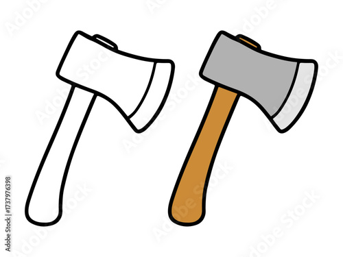 Vector illustration featuring an axe or hatchet in two versions: a colored version with a wooden handle and a black line outline. Simple lumberjack or wood cutting icon.