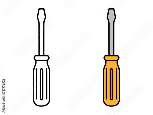 Vector illustration featuring two flat head screwdrivers: a colored version with an orange handle and a black line outline version. Simple repair or handyman icon for apps, web, or education.