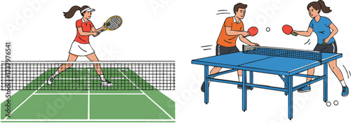 People playing tennis and table tennis on separate courts, enjoying friendly competition and active recreation in a bright, sporty atmosphere.