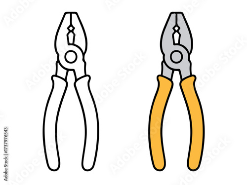 Vector illustration featuring two pliers tools: a colored version with orange handles and a black line outline version. Simple construction or repair icon for apps, education, or web design.
