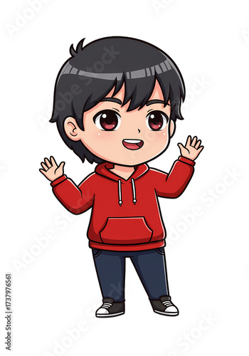 Cute Chibi Boy Cartoon Character Waving png clear alpha channel cutout isolated on transparent background