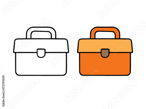 Vector illustration featuring two toolboxes: a colored orange version and a black line outline version. Simple repair or construction icon for apps, education, or web design.