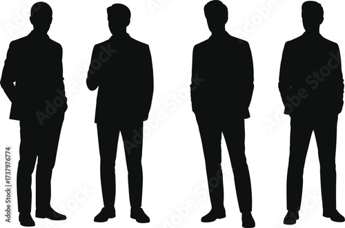 Business team silhouettes, corporate professionals standing, formal attire concept, leadership unity, teamwork illustration, flat vector design, minimal style, abstract pose