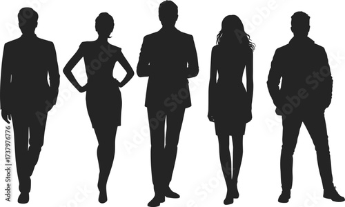 Business team, corporate silhouettes, professional people, leadership concept, teamwork, diversity, formal attire, confident pose, office staff, flat vector illustration