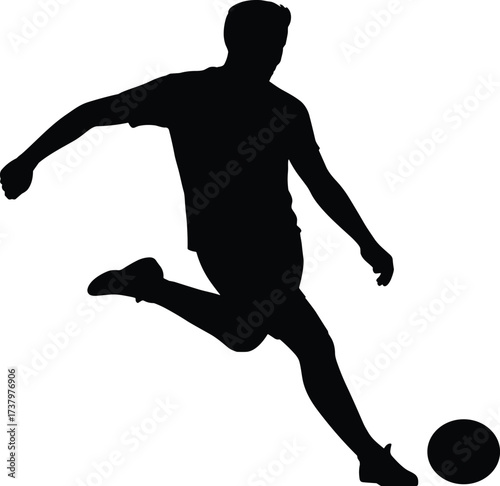Soccer player kicking ball, dynamic sports action, football silhouette pose, athletic movement, black figure, competitive energy, flat vector illustration