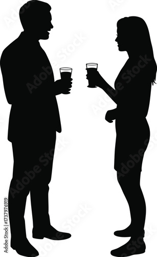 Business conversation silhouette, man and woman talking, social interaction pose, black vector icon, communication scene, flat vector illustration