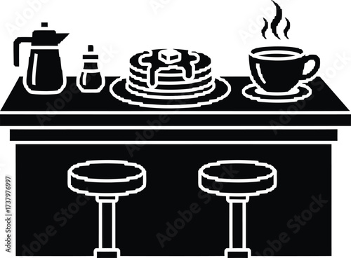 Diner counter with pancakes coffee and stools