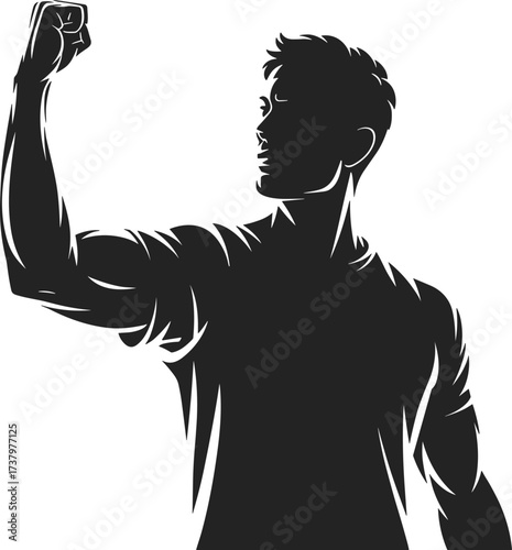 Raised fist silhouette, male figure strength, empowerment gesture, resistance symbol, black vector art, bold posture, flat design, solidarity icon, flat vector illustration