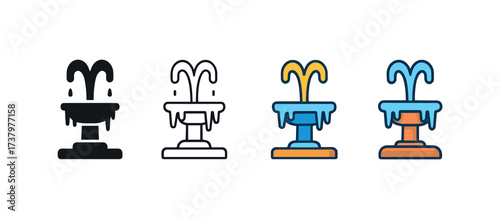 Vector icon fountain four styles black solid glyph outline minimal flat multicolor filled cartoon flat shaded.