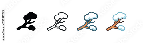 Vector icon snowy tree branch four styles black solid glyph outline minimal flat multicolor filled cartoon flat shaded.
