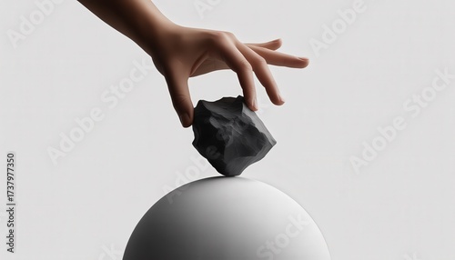 A hand placing a dark rock on top of a white rounded surface against a white background in studio shot