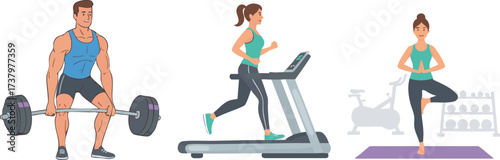 People exercising in gym with man lifting weights, woman running on treadmill, and woman doing yoga pose for healthy lifestyle and fitness routine.