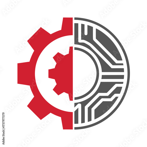Red Gear and Circuit Board Half Circle Logo on White Background mechanical technology