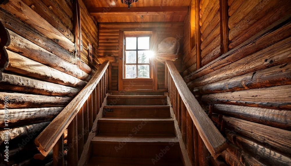 Fototapeta premium sunlight streams into a rustic log cabin hallway with wooden stairs