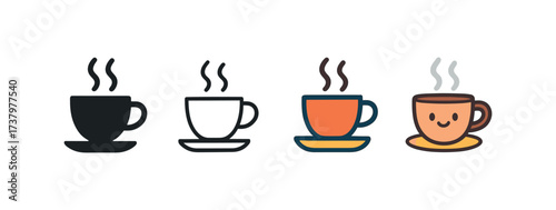 Vector icon steaming coffee cup four styles black solid glyph outline minimal flat multicolor filled cartoon flat shaded.