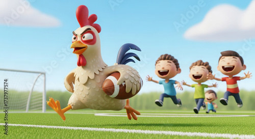 Wallpaper Mural Funny cartoon chicken playing football with happy kids Torontodigital.ca