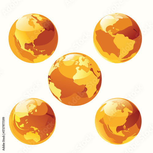 Five glossy golden globes with continents depicted in orange and yellow vector illustration