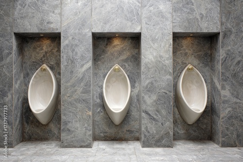 Three urinals set within marblelined alcoves illuminated from above create a minimalist and modern restroom scene
