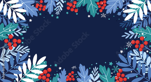 Festive winter foliage with red berries and snowflakes frames an elegant, empty space, creating a beautiful seasonal background for holiday designs
