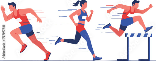 Athletes running and jumping in track and field competition, showcasing speed and agility in a dynamic and energetic scene, promoting fitness and sportsmanship.