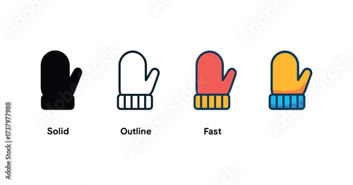 Vector icon wool winter gloves four styles black solid glyph outline minimal flat multicolor filled cartoon flat shaded.
