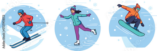 People enjoying winter sports like skiing, ice skating, and snowboarding in snowy setting, showcasing active lifestyle and seasonal fun.