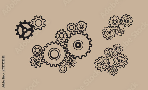 Hand drawn gears and cogs in a mechanical arrangement