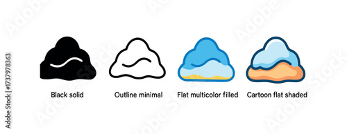 Vector icon snowdrift four styles black solid glyph outline minimal flat multicolor filled cartoon flat shaded.