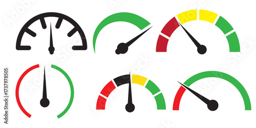 Speedometer, tachometer icon. Internet car speed. Performance concept, Speedometer set. Fast speed sign. Speed indicator sign stock vector.