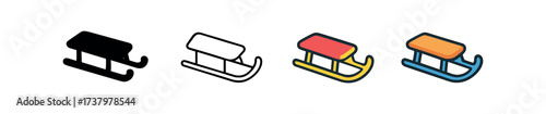 Vector icon snow sledge four styles black solid glyph outline minimal flat multicolor filled cartoon flat shaded.