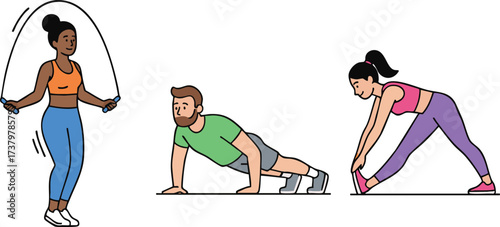 People exercising with woman jumping rope, man doing pushups, and woman stretching in a bright studio, showing fitness and healthy lifestyle.