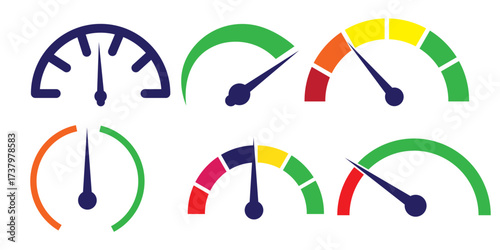 Speedometer, tachometer icon. Internet car speed. Performance concept, Speedometer set. Fast speed sign. Speed indicator sign stock vector.