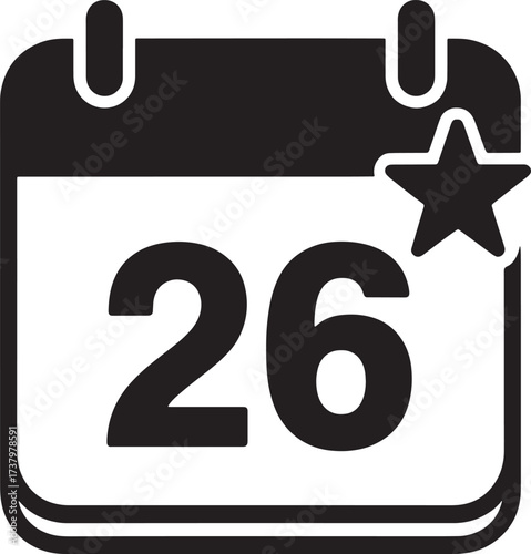 Calendar Date 26 With Star Icon Vector Illustration. Schedule Important Day Sign