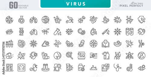Virus line icon set. Infection, symptoms, treatment, Flu Test, sore throat, vitamin C, prescription, respiratory spread, hand washing, humidifier line icon pack. Editable stroke