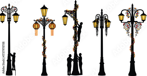 Beautiful decorative street lamps with glowing lanterns and floral garlands, people decorating festive lights, vintage lamp posts holiday celebration vector.