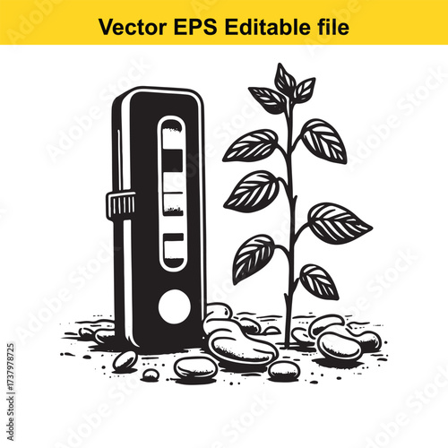 Vector art of black and white illustration of a plant testing device