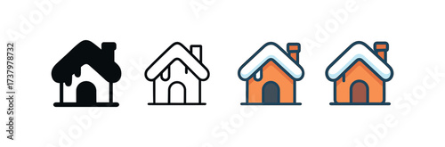 Vector icon snow covered hut four styles black solid glyph outline minimal flat multicolor filled cartoon flat shaded.