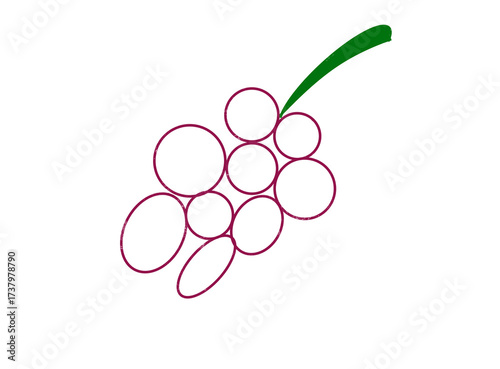 Fotografie A simple, stylized illustration of a bunch of grapes with a green stem, isolated