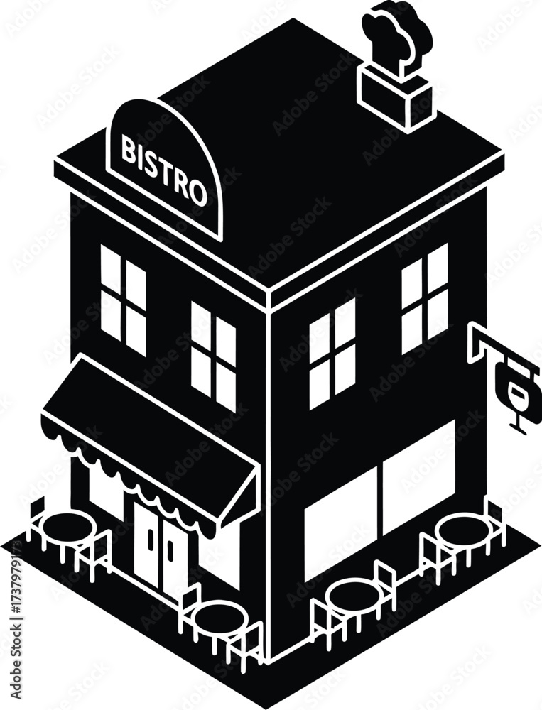 Obraz premium Isometric illustration of a charming black and white bistro building