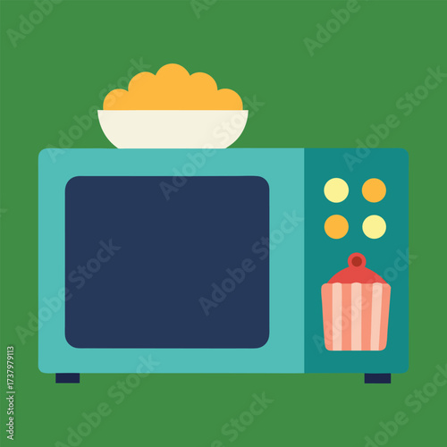 Modern microwave oven with digital timer and popcorn bag illustration